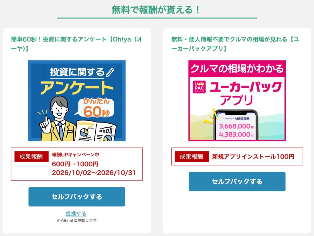 A8.netのセルフバック公開特集ページ「無料で報酬が貰える！」の案件例